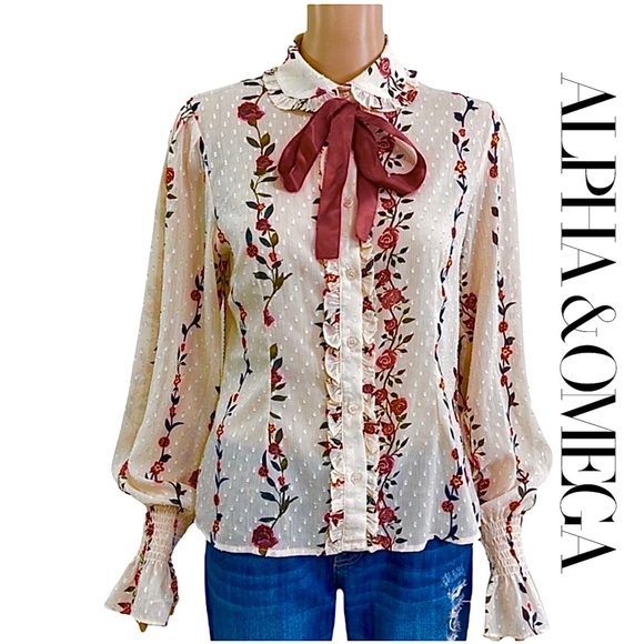 Alpha & Omega Tops - Alpha & Omega Blush Georgette Floral Blouse with Tie